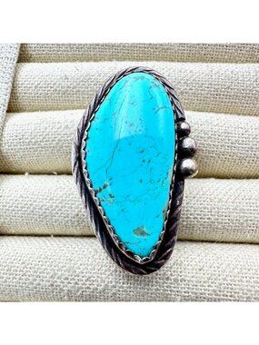 Native American Hallmarked R Turquoise Sterling Silver Ring Adjustable Size